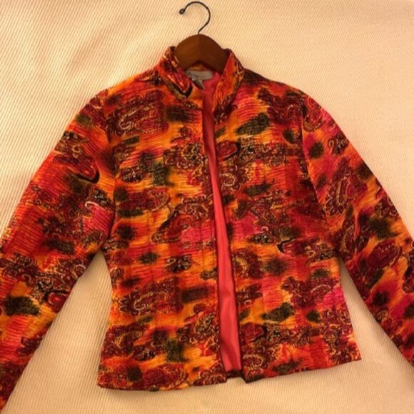 Analogy Vintage Y2K Orange Pink Paisley Print Mandarin Collar Quilted Jacket - S - Picture 1 of 3